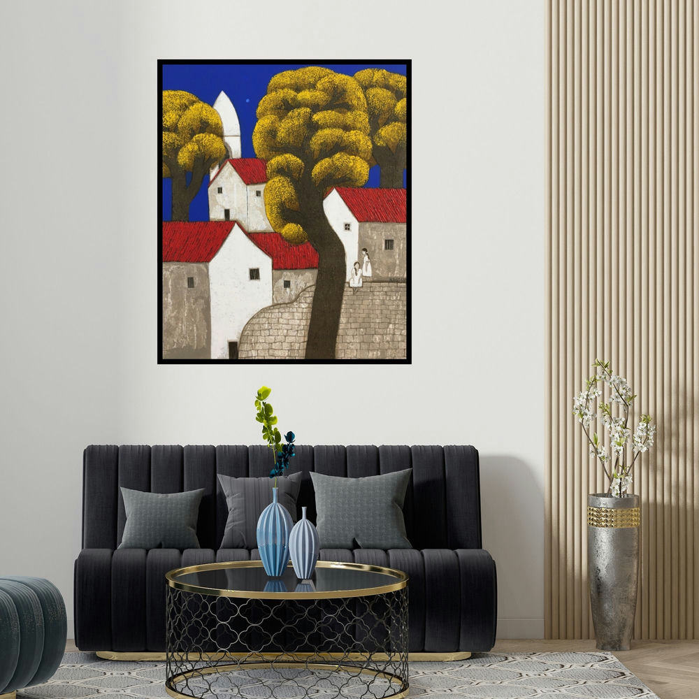 'Untitled 54' painting by Nagesh Ghodke shown on a wall in a furnished room.
