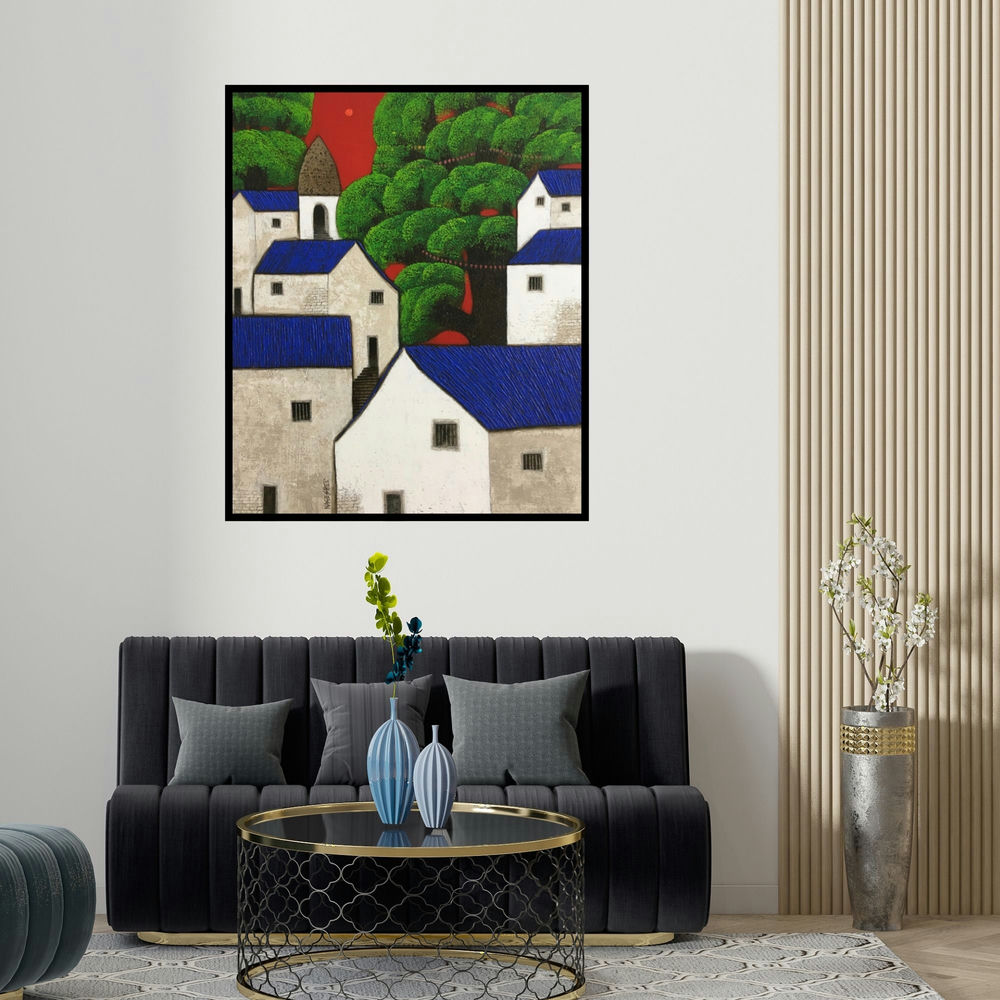 'Untitled 55' painting by Nagesh Ghodke shown on a wall in a furnished room.