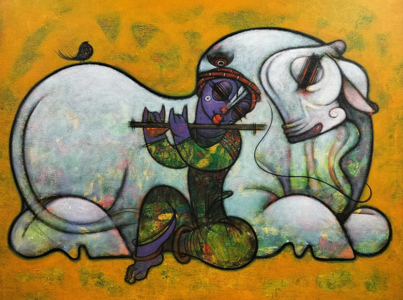 Untitled 6' figurative acrylic painting by artist Ramesh Gujar, 36x48 inch, on canvas