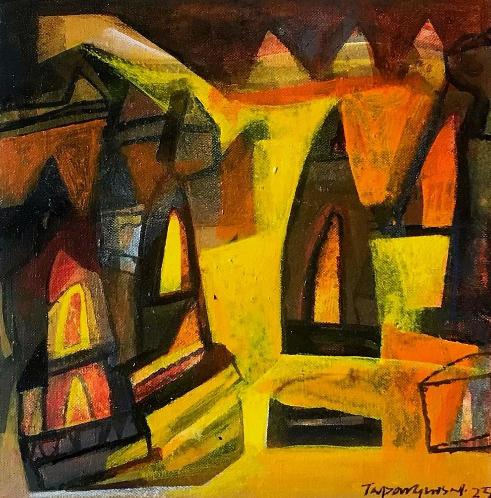 'Untitled 6' landscape acrylic painting by artist Tapas Ghosal, 12x12 inch, on canvas