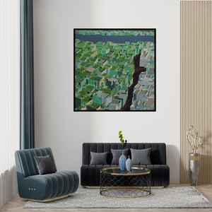 Preview of 'Untitled 6' Painting by Madan Pawar shown on a wall in a furnished room.