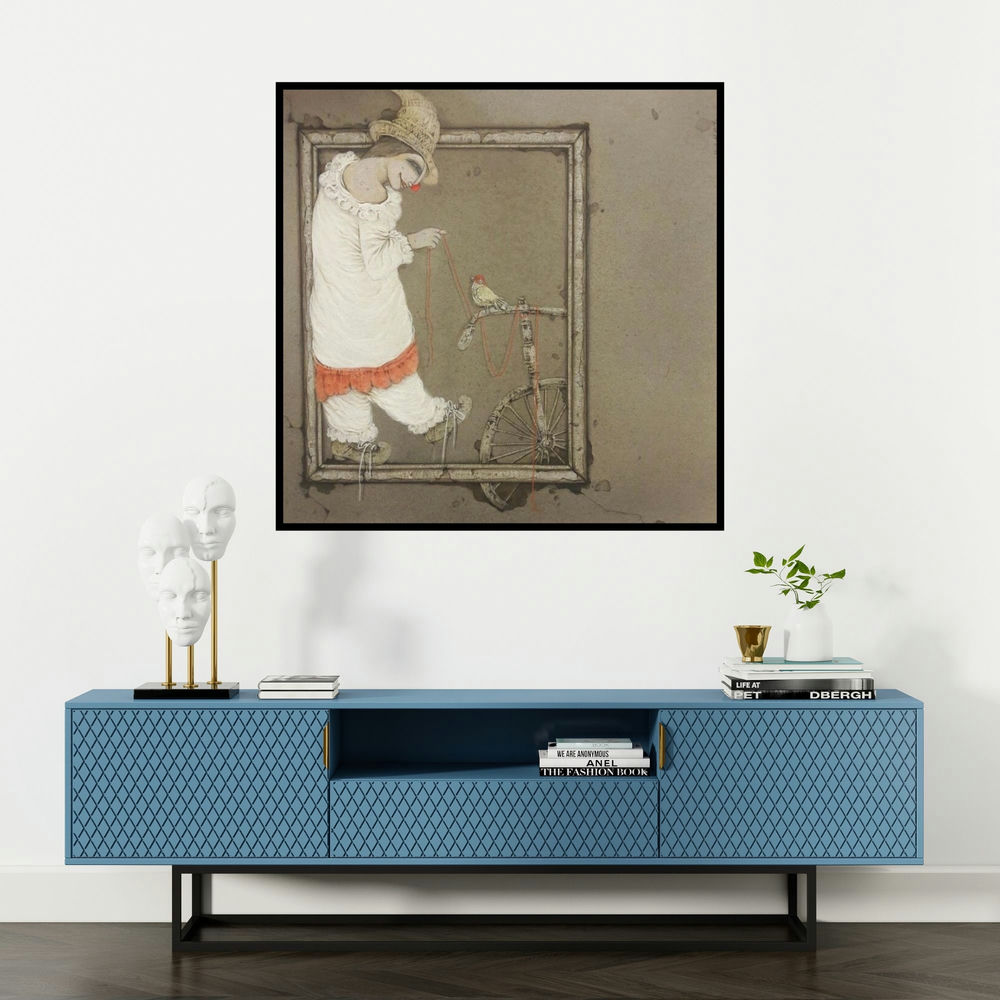 'Untitled 6 (The Illusionist)' painting by Mintu Mallick shown on a wall in a furnished room.