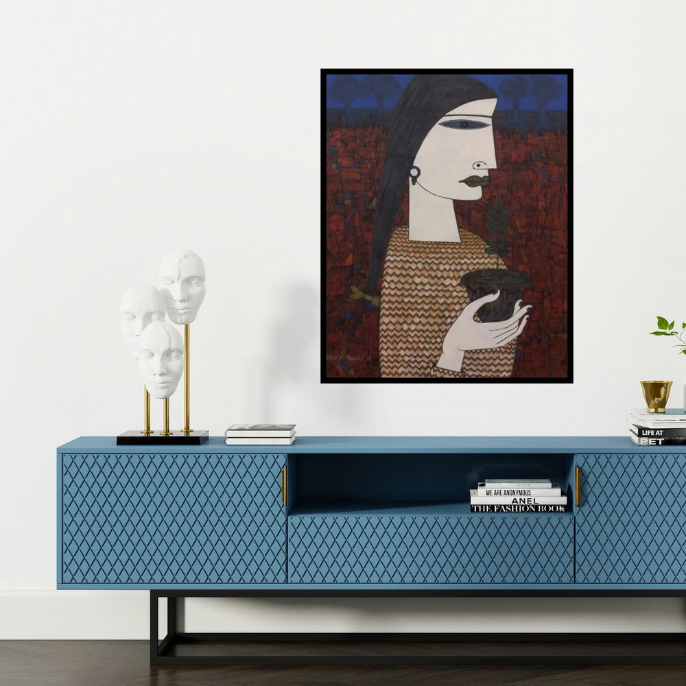 'Untitled 6 (Portrait of Introspection)' painting by Biswajit Mondal shown on a wall in a furnished room.