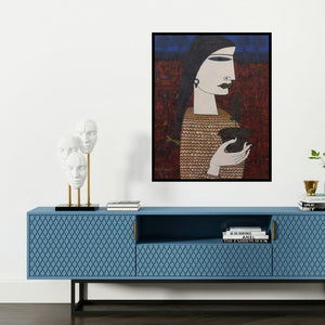 'Untitled 6 (Portrait of Introspection)' painting by Biswajit Mondal shown on a wall in a furnished room.