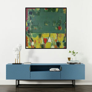 'Untitled 6 (Earthen Echoes)' painting by Ravindra Pawar shown on a wall in a furnished room.