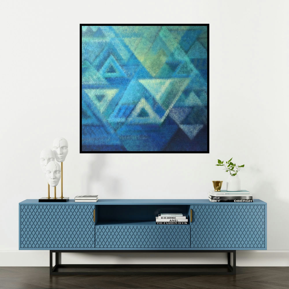 'Untitled 6 (Intersecting Planes)' painting by Mansi Palshikar shown on a wall in a furnished room.