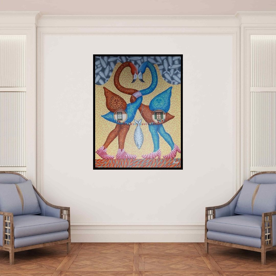 In-situ view of Arvind Dubey's 'Untitled 6 (Flamingo Couple)' painting in a room