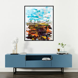 Kamran Azim's 'Untitled 6 (Abstract Landscape with Blue Sky)' painting visualized above a sofa in a contemporary room.