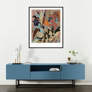 K G Subramanyan's 'Untitled 6 (Figure with Plant)' painting visualized above a sofa in a contemporary room.