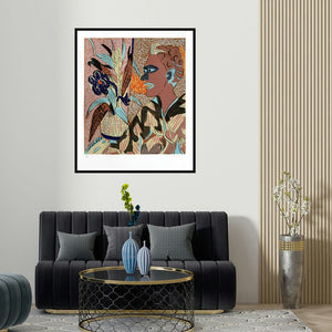 'Untitled 6 (Figure with Plant)' painting by K G Subramanyan shown on a wall in a furnished room.
