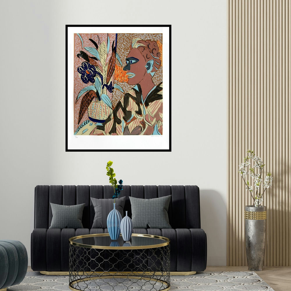 'Untitled 6 (Figure with Plant)' painting by K G Subramanyan shown on a wall in a furnished room.