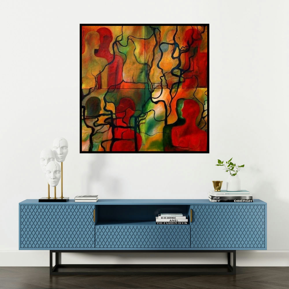'Untitled 6' painting by Sunayana Malhotra shown on a wall in a furnished room.