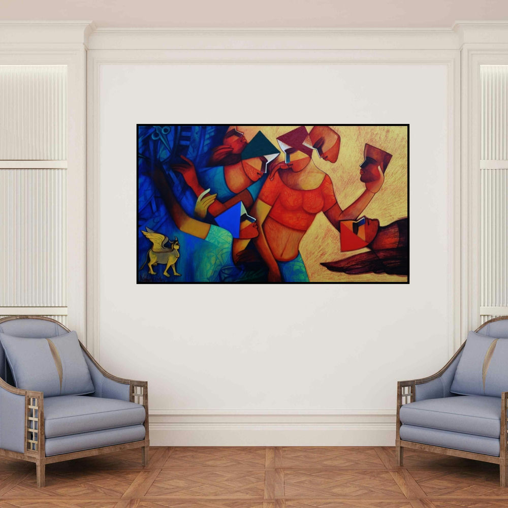 'Untitled 6' painting by Nawal Kishore shown on a wall in a furnished room.