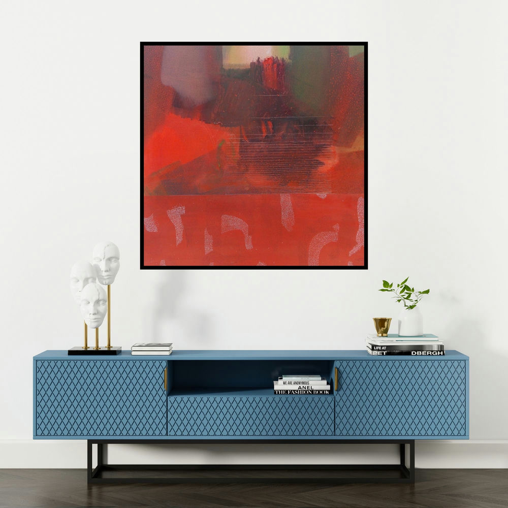 'Untitled 6 (Ebb and Flow)' painting by Mohd Majeed Mansoori shown on a wall in a furnished room.