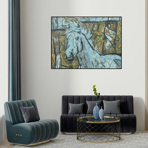 Santoshkumar Patil's 'Untitled 61 (Two Horses)' painting visualized above a sofa in a contemporary room.