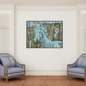 'Untitled 61 (Two Horses)' painting by Santoshkumar Patil shown on a wall in a furnished room.