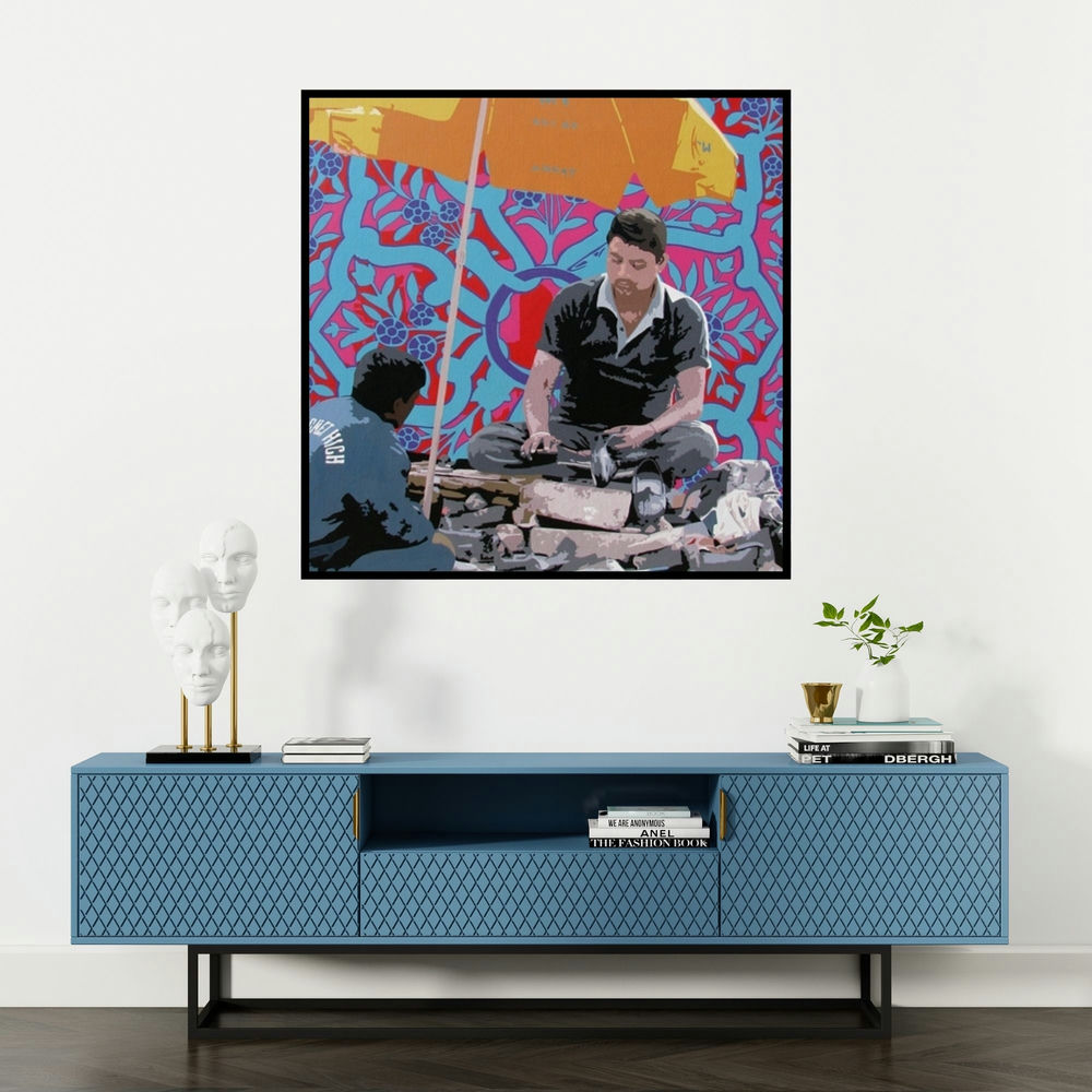 'Untitled 66' painting by Sohan Jakhar shown on a wall in a furnished room.