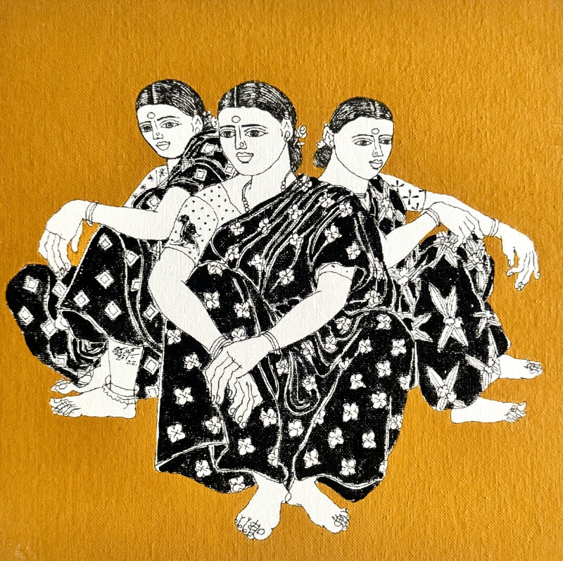 'Untitled 68' figurative acrylic painting by artist Laxman Aelay, 12x12 inch, on canvas