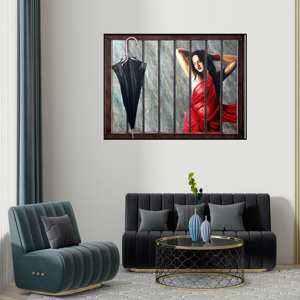 'Untitled' painting by Shaheen Verma shown on a wall in a furnished room.