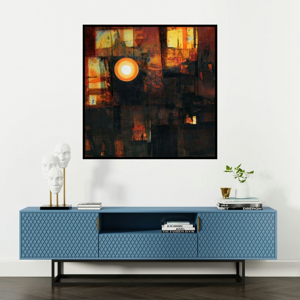 'Untitled 7 (Dark Abstract)' painting by Stalin Joseph shown on a wall in a furnished room.