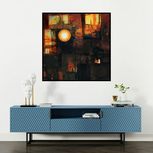 'Untitled 7 (Dark Abstract)' painting by Stalin Joseph shown on a wall in a furnished room.