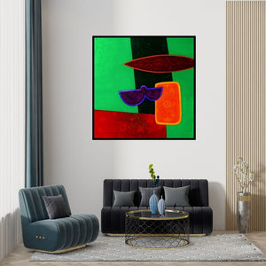 Preview of 'Untitled 7 (Emerald Flight: An Abstract Composition)' Painting by Bhushan Vaidhya shown on a wall in a furnished room.