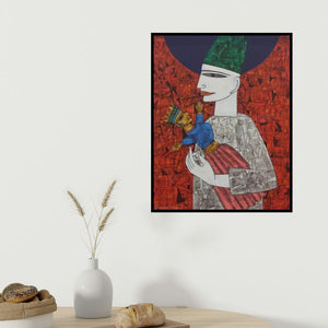 Biswajit Mondal's 'Untitled 7 (The Puppet Master)' painting visualized above a sofa in a contemporary room.