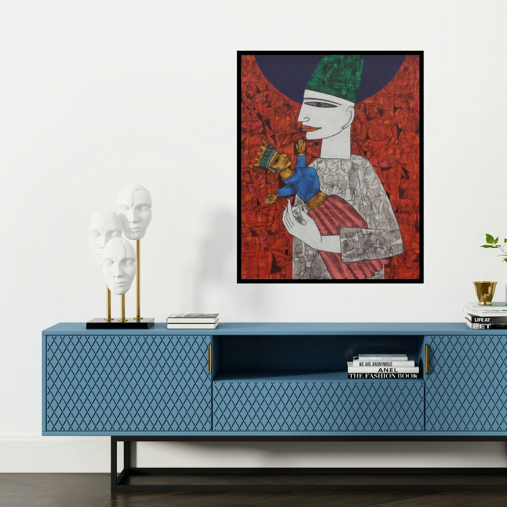 'Untitled 7 (The Puppet Master)' painting by Biswajit Mondal shown on a wall in a furnished room.