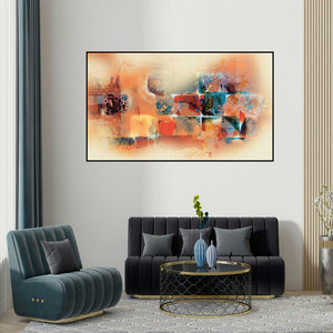 Sunil Balkawade's 'Untitled 7 (Urban Collage)' painting visualized above a sofa in a contemporary room.