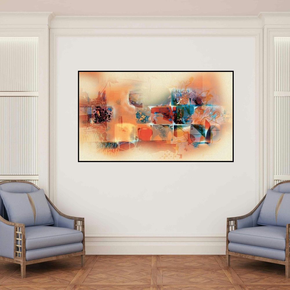 'Untitled 7 (Urban Collage)' painting by Sunil Balkawade shown on a wall in a furnished room.