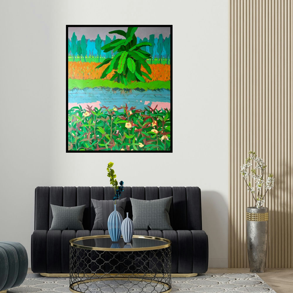 'Untitled 7 (Tropical Abundance)' painting by Sujit Das shown on a wall in a furnished room.