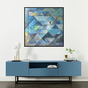 'Untitled 7 (Intersecting Planes)' painting by Mansi Palshikar shown on a wall in a furnished room.