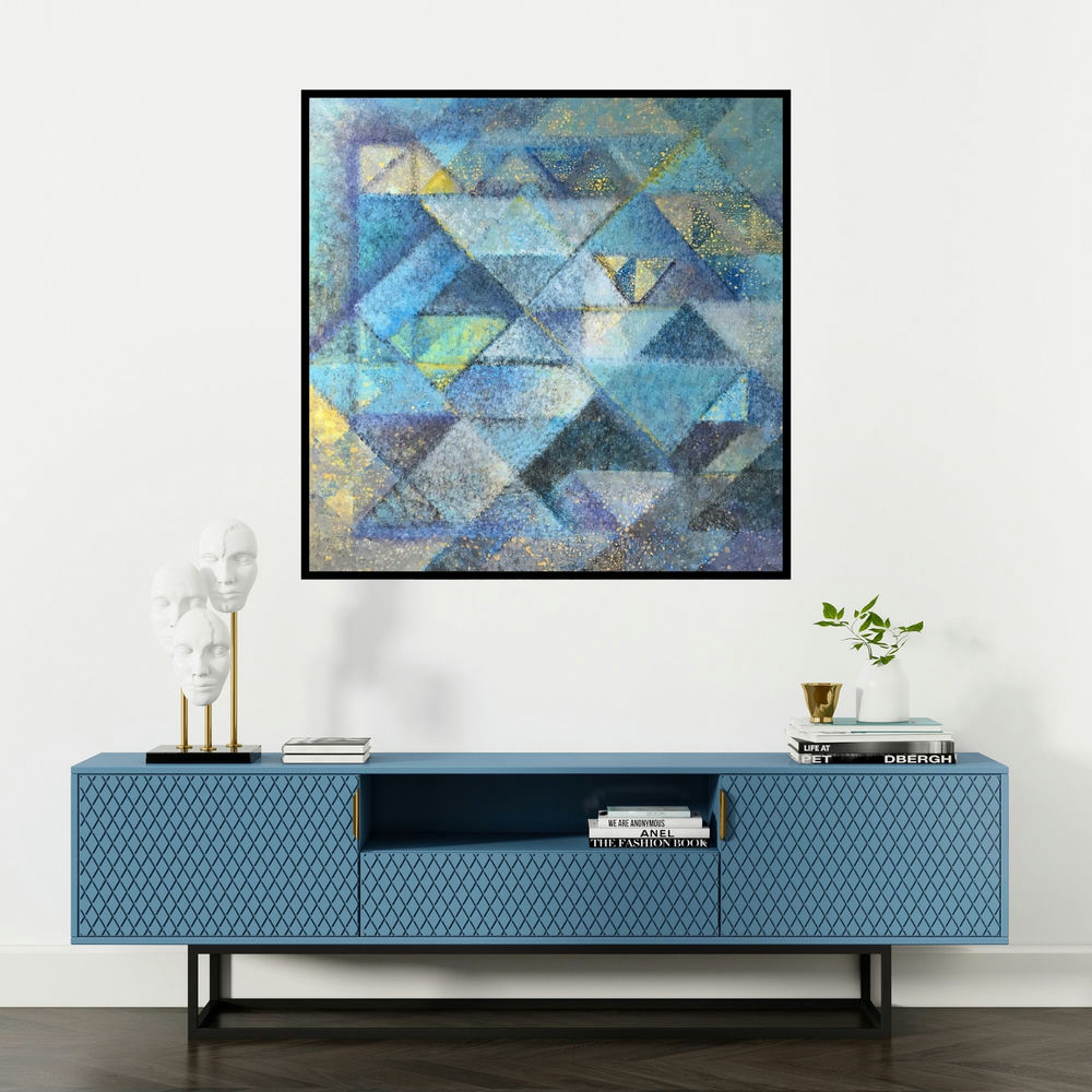 'Untitled 7 (Intersecting Planes)' painting by Mansi Palshikar shown on a wall in a furnished room.