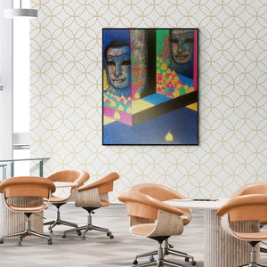 Prakaash Chandwadkar's painting 'Untitled 7 (Geometric Buddha)' displayed in a modern living room setting