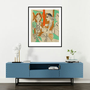 K G Subramanyan's 'Untitled 7 (Three Figures)' painting visualized above a sofa in a contemporary room.