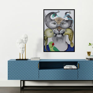 'Untitled 7 (Tiger in the Center)' painting by Rajesh Salagaonkar shown on a wall in a furnished room.