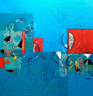 Untitled 7 (Blue Rhapsody) by Vivek Nimbolkar, Original Acrylic Abstract Painting on Canvas, Small Square Wall Art