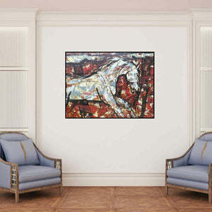 'Untitled 70 (The Gallop)' painting by Santosh Patil shown on a wall in a furnished room.