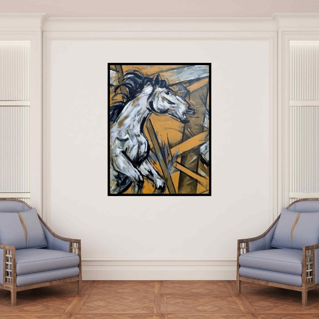 In-situ view of Santosh Patil's 'Untitled 76 (Leap of Freedom)' painting in a room