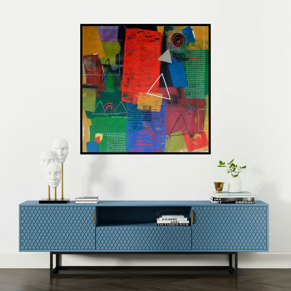 'Untitled 8' painting by Yashwant Pawar shown on a wall in a furnished room.