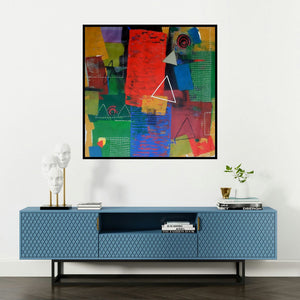 'Untitled 8' painting by Yashwant Pawar shown on a wall in a furnished room.