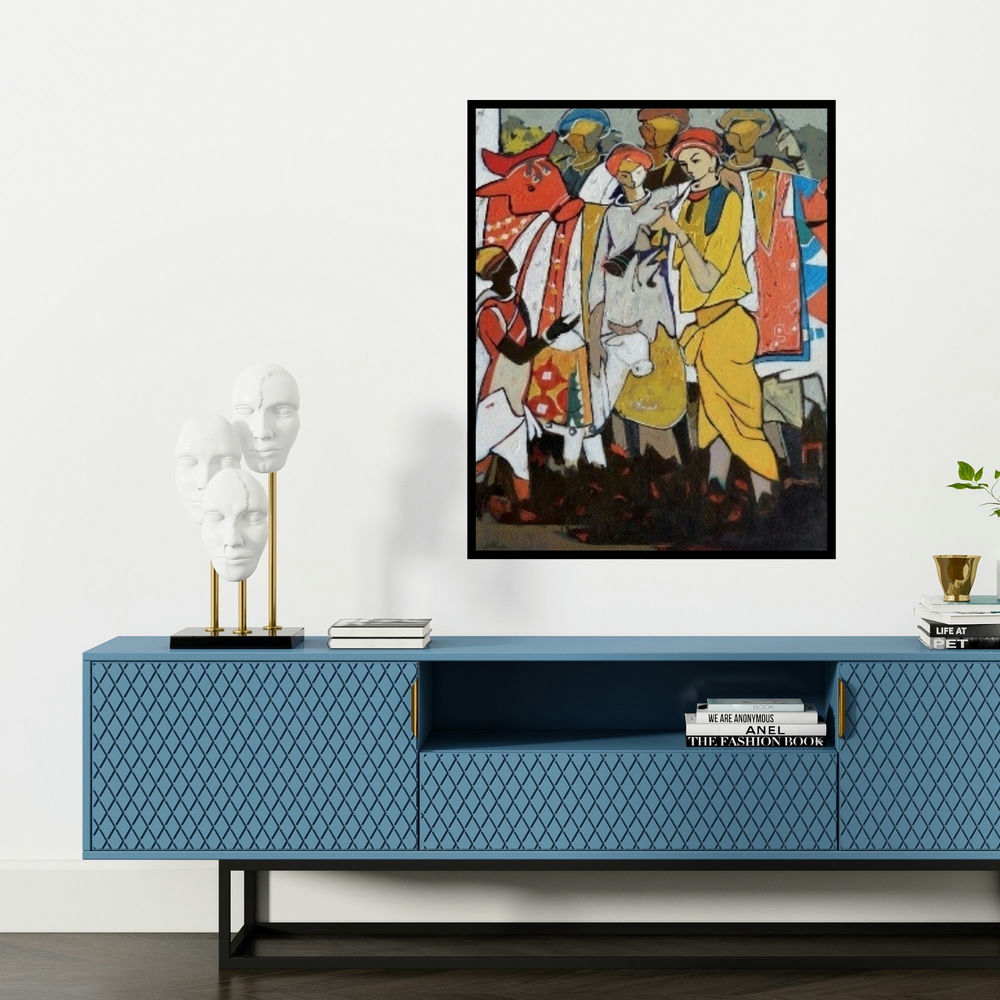 'Untitled 8 (Village Celebration)' painting by Sanjiv Sankpal shown on a wall in a furnished room.