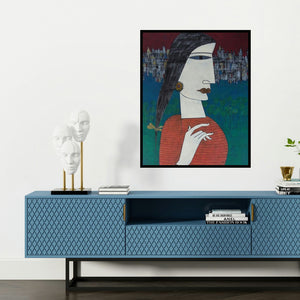'Untitled 8 (Portrait of Introspection)' painting by Biswajit Mondal shown on a wall in a furnished room.