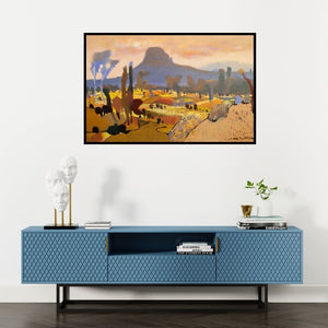 Preview of 'Untitled 8 (Twilight Over the Hills)' Painting by Hari Dhongade shown on a wall in a furnished room.