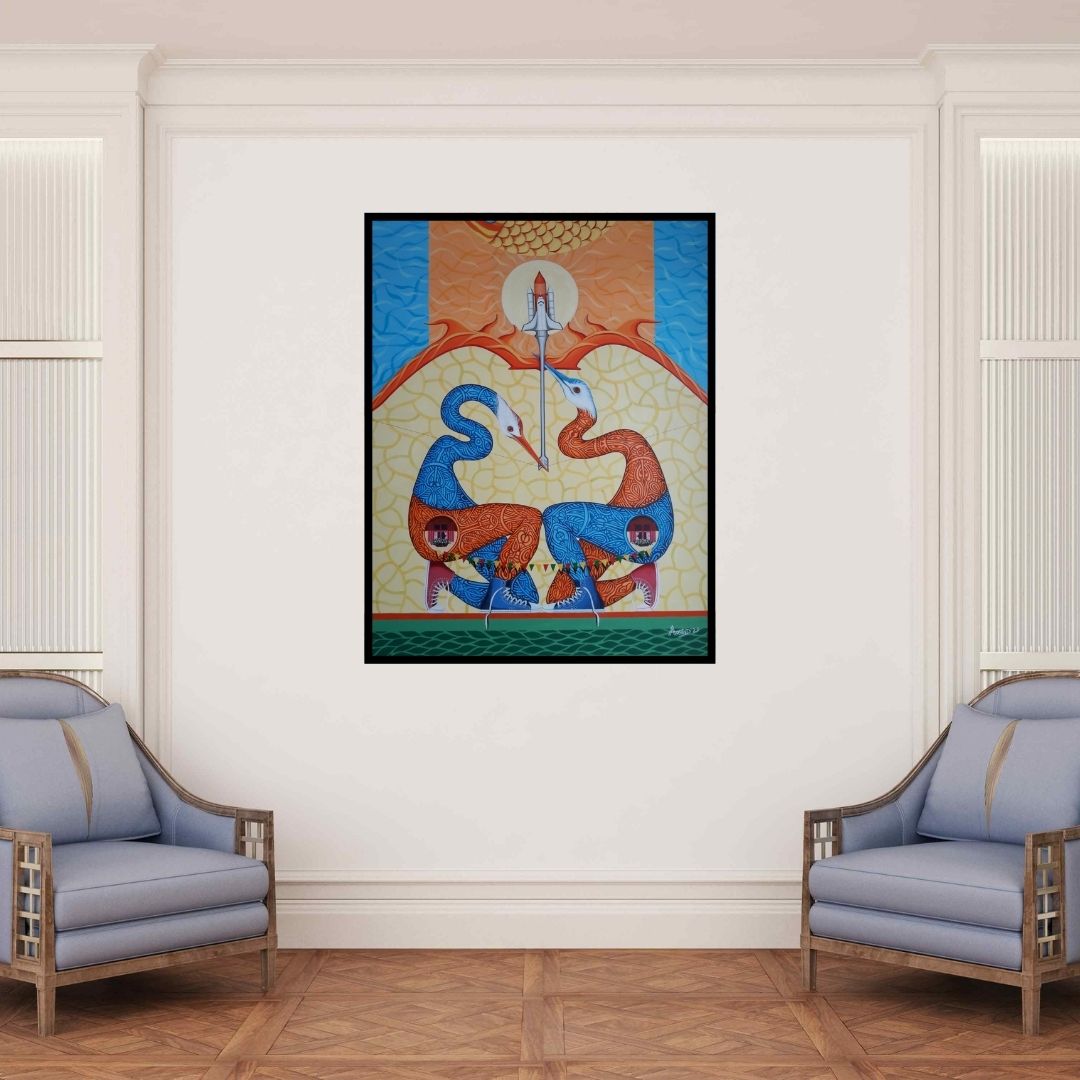 In-situ view of Arvind Dubey's 'Untitled 8 (Cosmic Birds)' painting in a room