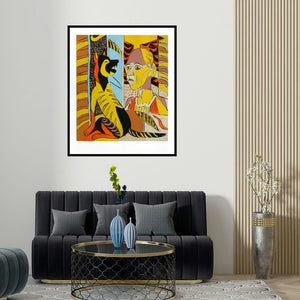 'Untitled 8 (Man and Dog)' painting by K G Subramanyan shown on a wall in a furnished room.