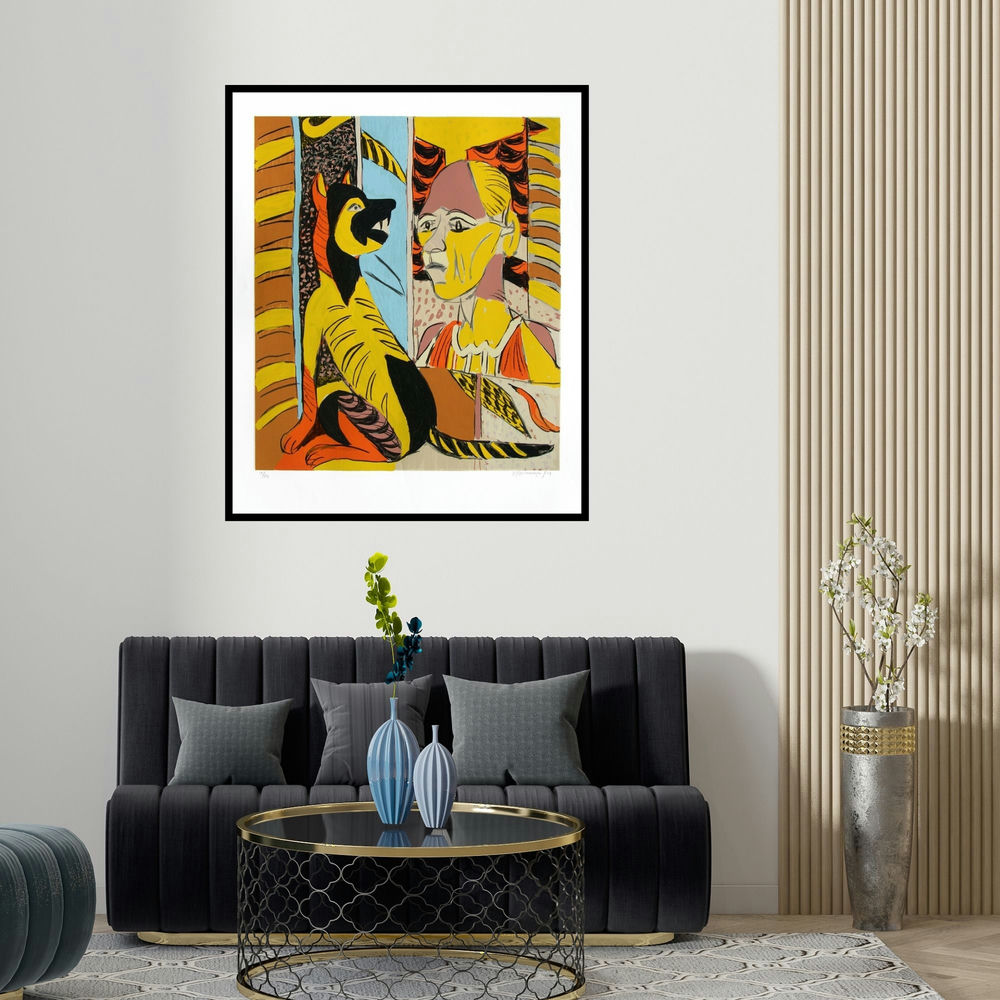 'Untitled 8 (Man and Dog)' painting by K G Subramanyan shown on a wall in a furnished room.
