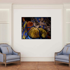 'Untitled 8 (A Moment of Tranquility)' painting by Arya Chowdhury shown on a wall in a furnished room.