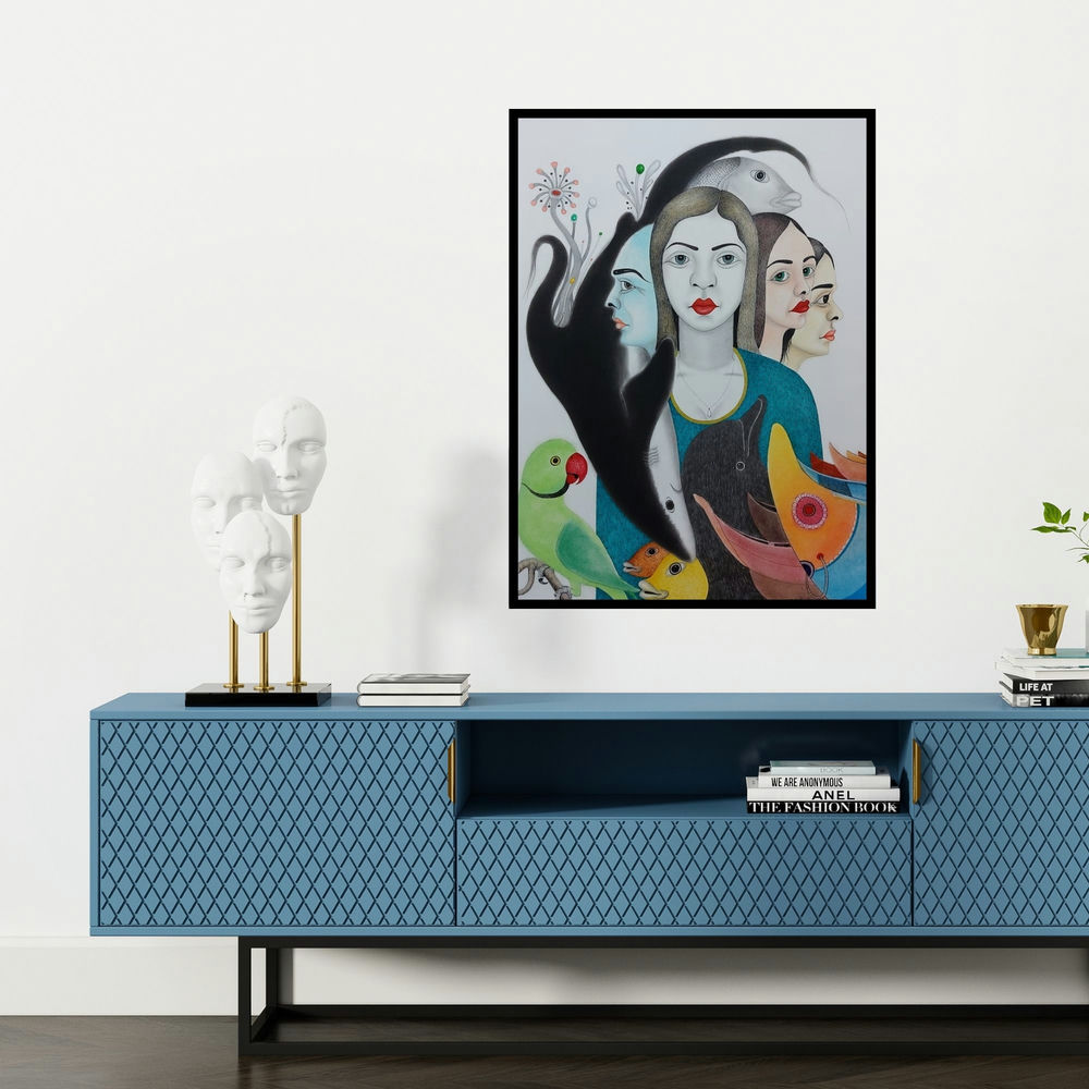 'Untitled 8 (The Multifaceted Self)' painting by Rajesh Salagaonkar shown on a wall in a furnished room.