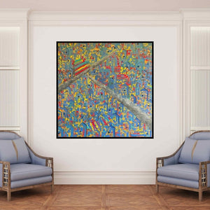 In-situ view of Karishma Wadhwa's 'Untitled 8 (Urban Tapestry)' painting in a room